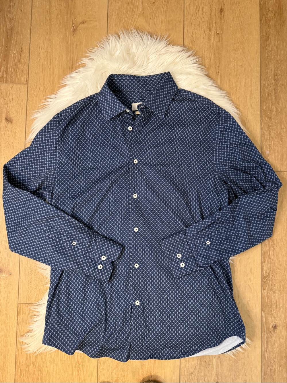 Bugatchi Navy Blue 8way Stretch Cotton Geometric Print Dress Shirt Size Large